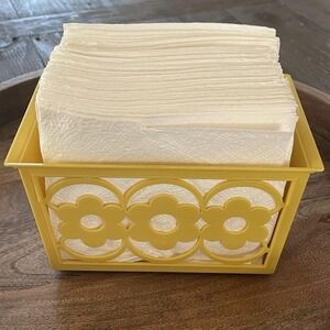 Vintage 70s Yellow Plastic Daisy Flowers Kitchen Napkin Letter Holder Retro